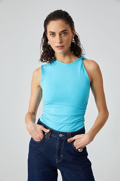 GRIMELANGE Florianna Women Viscose Lycra Twisted Shoulder Double Layer Draped Turquoise Blouse