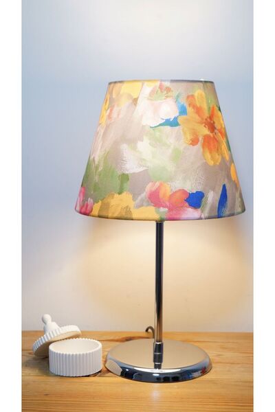 retro home design Krom Ayaklı Rengarenk Çiçek Konik Şapkalı Masa Lambası 1 Ad...