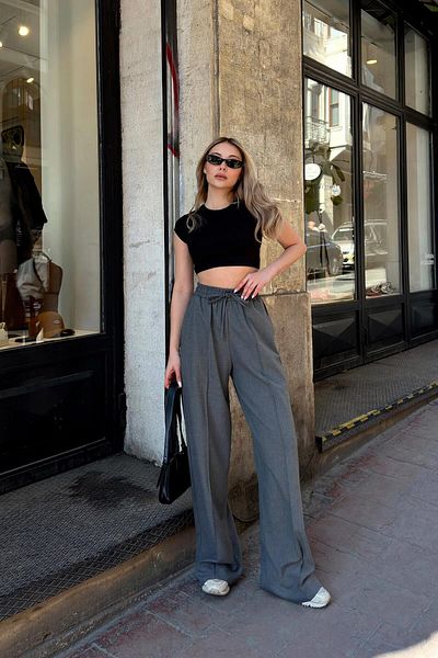 Swist Smoked Elastic Waist Grass Detail High Waist Women's Palazzo Trousers
