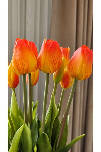 Omelas Yapay Çiçek Islak Lale Demet Islak Dokulu Kaliteli Turuncu 45 Cm. 7 Da...