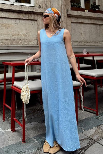 Swist Rochie midi pentru femei, albastră, cu decolteu în V, cu mâneci zero