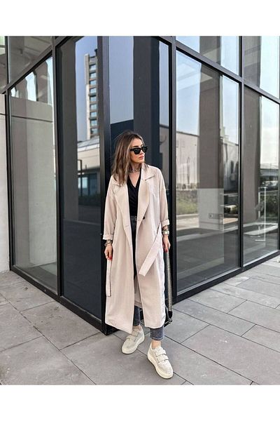 Pasaklı Giyim Women's Stone Extra Loose Cut Loose Belted Pocket Buttoned Soft Textured Long Trench Cardigan3335370