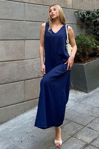 Swist Γυναικείο μίντι φόρεμα Navy Blue μπροστινό πίσω V λαιμόκοψη μηδενικό μανίκι λινό μείγμα