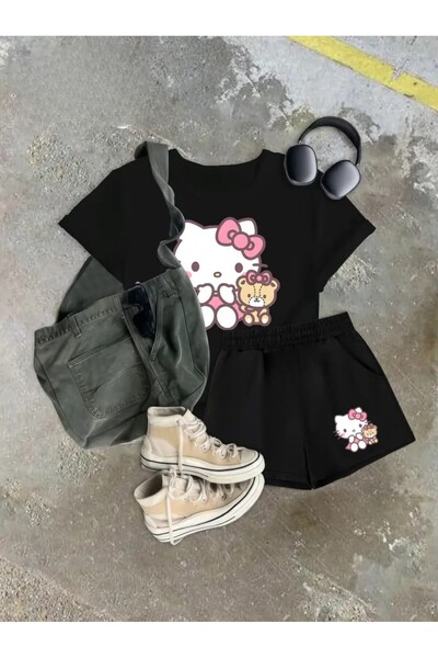 Baxia HELLO Kitty SIYAH RENK BİSİKLET YAKA KISA KOLLU ŞORT TİŞÖRT TAKIM KIZ Ç...