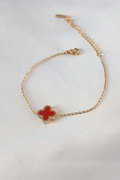 Genel Markalar 316l Çelik Gold Renk Kırmızı Yonca Model Kadın Bileklik - Tj-bb5441