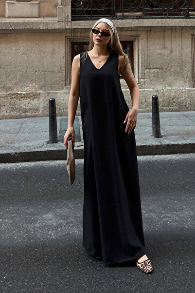 Swist Μαύρο μπροστινό πίσω V λαιμόκοψη μηδενικό μανίκι λινό ανάμεικτο γυναικείο μίντι φόρεμα