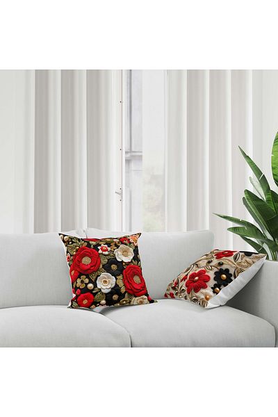 Şah Dekor Punch Embroidery Pattern Digital Printed 4-Piece Throw Pillow in Black Red Colors - Pillow Case Luxury Velvet