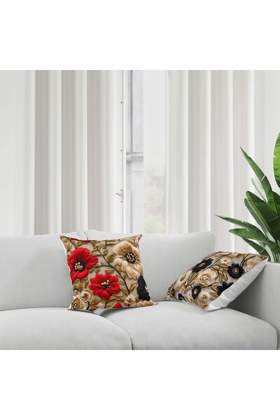 Şah Dekor Punch Embroidery Pattern Digital Print Black/Cream 4'Lü Kirlen Pillow Case Luxury Velvet