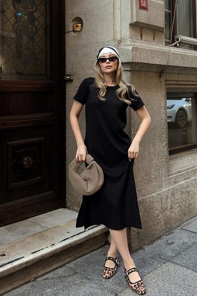 Swist Rochie neagră cu mânecă scurtă, cu decolteu dublu, cu mânecă scurtă, pentru femei
