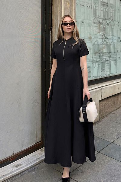 Swist Rochie midi de damă cu mânecă scurtă, cu volan, cu fermoar, cu buzunar dublu