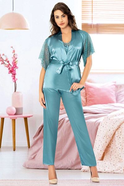 bacc Dantela albastra din satin Detaliu detaliat Costum de pijama soră Bcan- 254909 fa