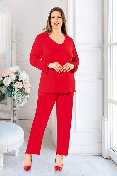 bacc Women's Red Stone Detailed Oversized Pajama Set Bcan- 258806 Fa