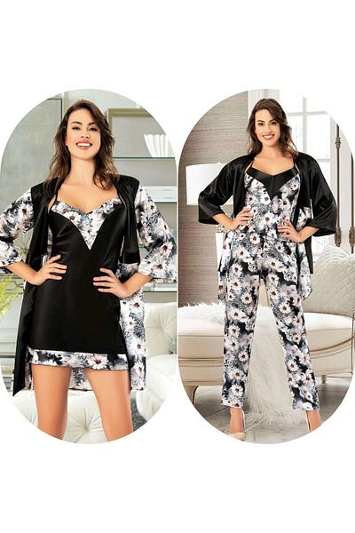 bacc Set de pijamale pentru femei, negru, din satin, pentru cămașă de noapte, set de 5 piese pentru mireasa Bcan-255fa