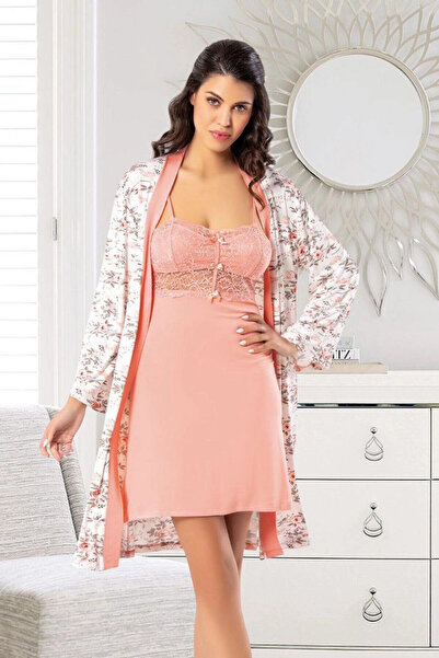 bacc Set cămașă de noapte cu model floral din dantelă de somon pentru femei B...