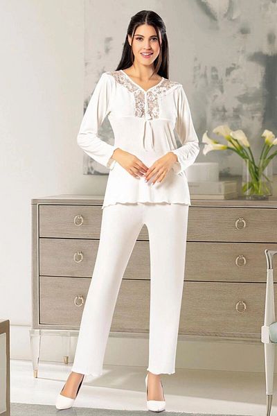 bacc Women's Ecru Lace Detailed Pajama Set Bcan- 258611 Fa