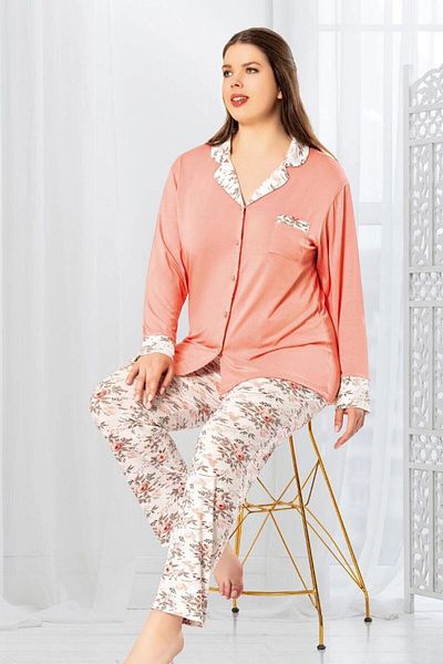 bacc Women's Salmon Floral Patterned Buttoned Front Oversize Pajama Set Bcan- 258803 Fa