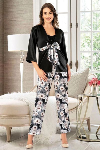 bacc Costum de pijama din 3 piese din dantela din satin negru pentru femei Bcan- 254910 fa