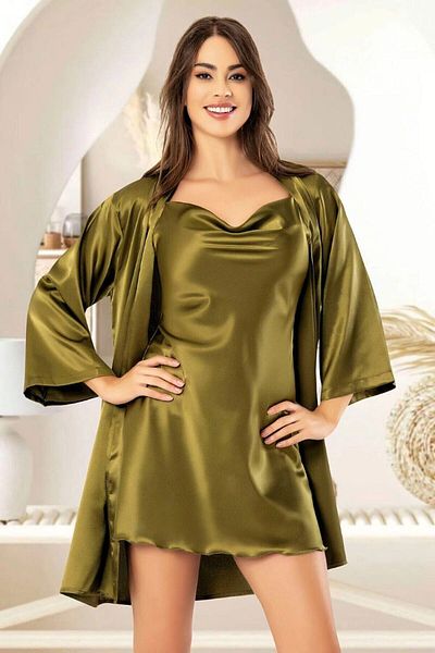 bacc Women's Khaki Green Satin Lace Detailed Nightgown Dressing Gown Double Set Bcan- 252055 Fa