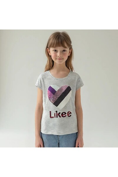 BY-GRİ فستان بناتي مزين بالترتر باللون الرمادي