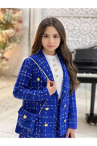 DUDOR KİDS Costum din tweed albastru pentru fete - Sărbători (JACHETĂ-SHORT-BLUS-GANTĂ)