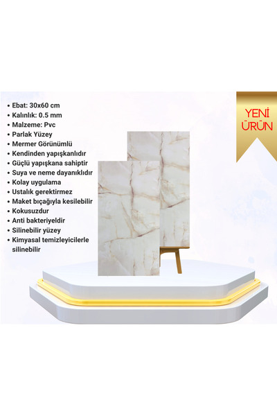 UKAB DEKOR 30x60 cm (0,18 m²) Kendinden Yapışkanlı Bej Mermer Görünümlü Dekor...
