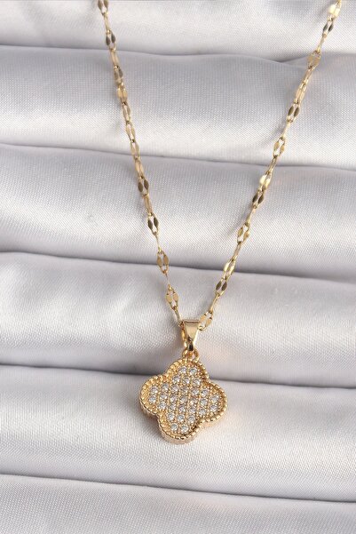 Clariss 316L Steel Gold Color Zircon Stone Clover Model Women's Necklace