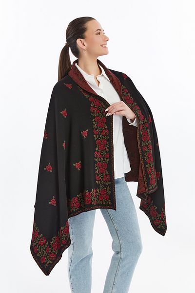 panşalço Black Burgundy Rose Model Large Shoulder Shawl - Knitwear Women's Mother Young Shawl 75X180 cm