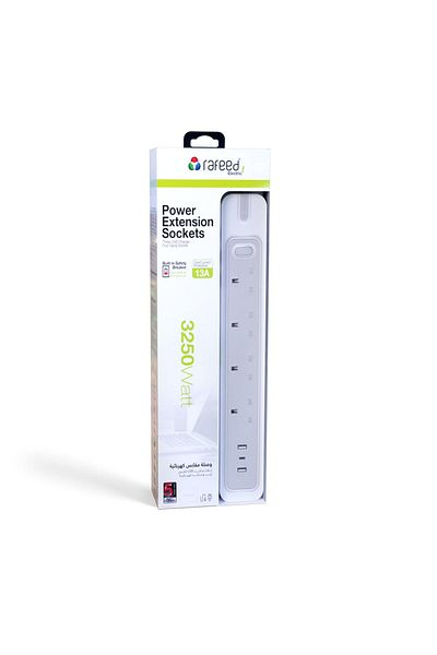 RAFEED 2m 4 sockets Extension Lead, Surge Protection, 3250W, 13A, 3 USB Ports