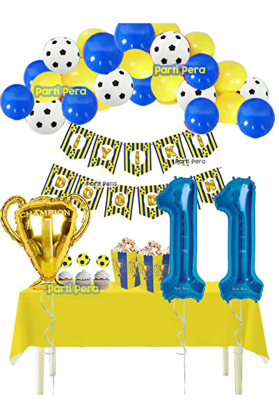 parti pera Sarı Lacivert Futbol Temalı Balon Zincir Seti Kupa Folyo Balon Doğ...