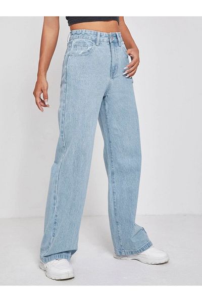 SHEVEGA Ice Blue High Waist Lycra Wide Leg Palazzo Jean Trousers