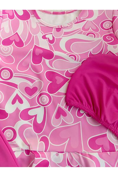 Bilge Trend Girl's Top, Bonnet, Tights 3-Piece Heart Patterned Hijab Sea Pool Swimsuit Set