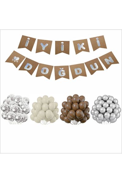 ZENVİVA Brown, Sea Sand, Silver, Transparent Balloon + Kraft Banner Set