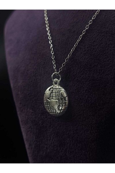 sarıyer silver Earth Globe Model Map and Planet Themed Embossed Print Embroidered Modern Design Steel Necklace