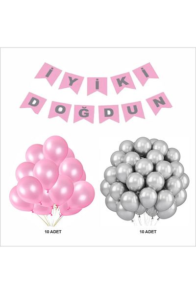 ZENVİVA Metallic Pink-Silver Balloon+Banner Set