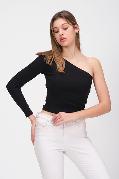 PUNKY CAT Women's Black One Shoulder Open Long Sleeve Ribbed T-Shirt Blouse
