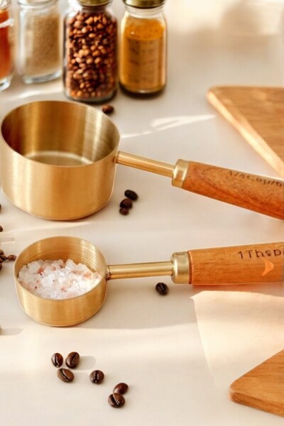Yuva Concept 15ml 80ml 2 Pieces Different Sizes Stainless Steel Wooden Handle Measuring Spoon Set 2-Piece Measuring Cup