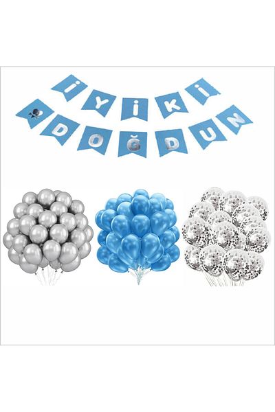 ZENVİVA Blue-Silver-Transparent Balloon+Banner Set
