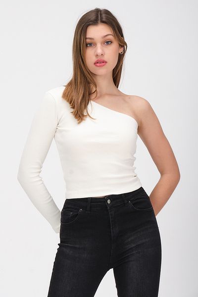 PUNKY CAT Women's Ecru One Shoulder Open Long Sleeve Ribbed T-Shirt Blouse