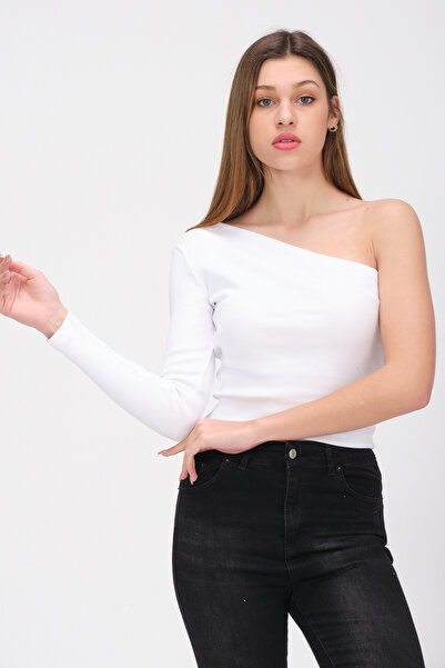 PUNKY CAT Women's White One Shoulder Open Long Sleeve Ribbed T-Shirt Blouse
