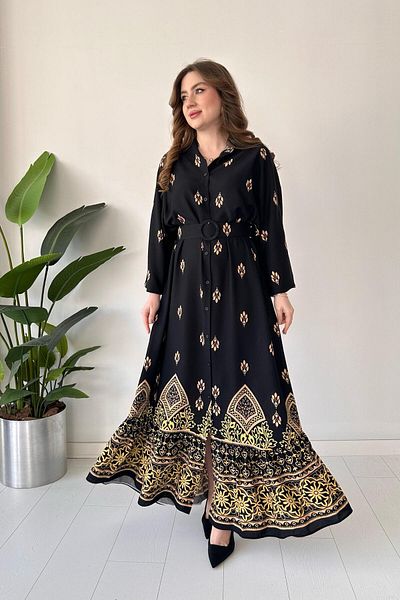 MaziButik Black Eten Patterned Belted Dress