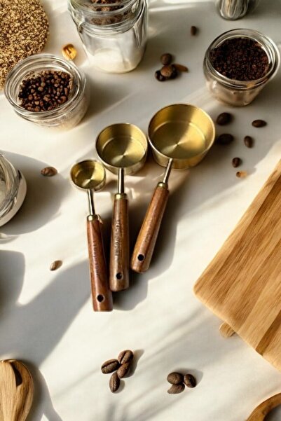 Yuva Concept 15ml 80ml 125ml Measuring Spoon Set Different Sizes Stainless Steel Measuring Cup with Wooden Handle