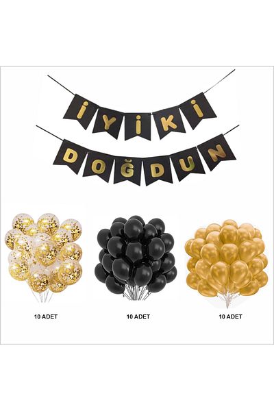ZENVİVA Black-Gold-Transparent Balloon+Banner Set