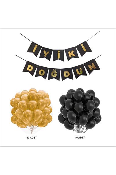 ZENVİVA Black-Gold Balloon+Banner Set