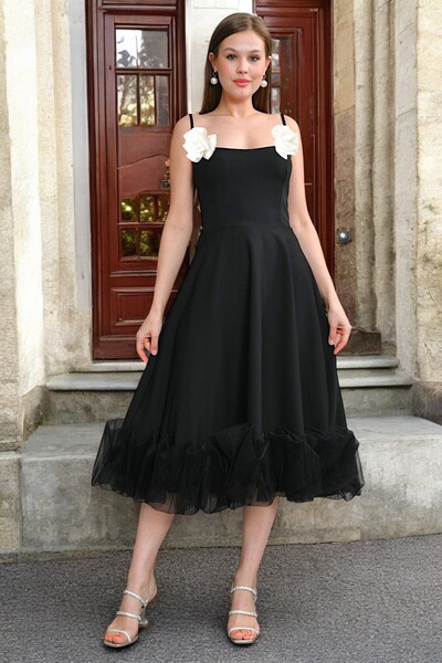 ALFUDO Moda Collection Kadın Eteği Tül Detaylı Askılı Midi Boy Siyah Abiye Elbise