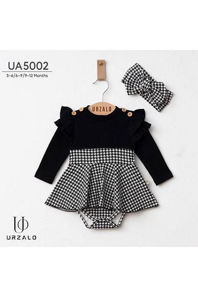 İnci Incibaby Kazakh Pattern Premium Bodysuit Dress & Bandana Set with Ruffled Shoulders