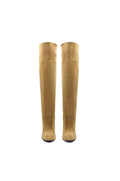 Vario Hakiki Süet İnce Topuklu Diz Üstü Kadın Çizme Cıgar Suet