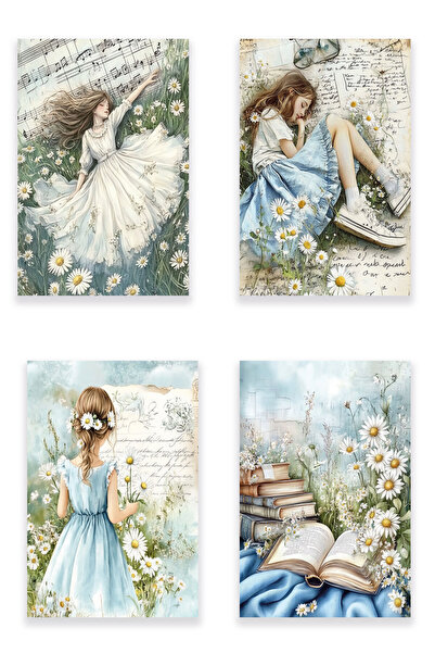 qoeuyl boutique Kır Çiçekleri ve Papatyalar Temalı Dörtlü Set No:3 Retro Vint...