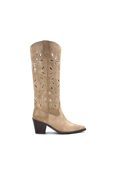 Vario Genuine Suede Patterned Heeled Western Women's Boots Mink Suede (Mink Suede)