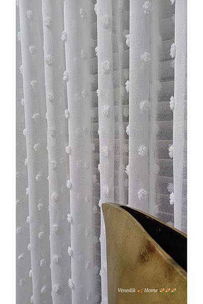 venedik home New Season Pompom Super Linen Tulle Curtain Plain (Foldless) Ekstrafor Gathered, Non-Wrinkle, No Ironing Required