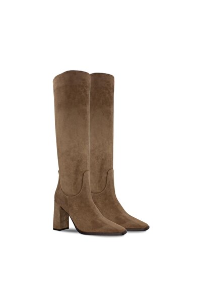 Vario Hakiki Deri Kalın Topuklu Diz Altı Kadın Çizme Sıgaro Mılano